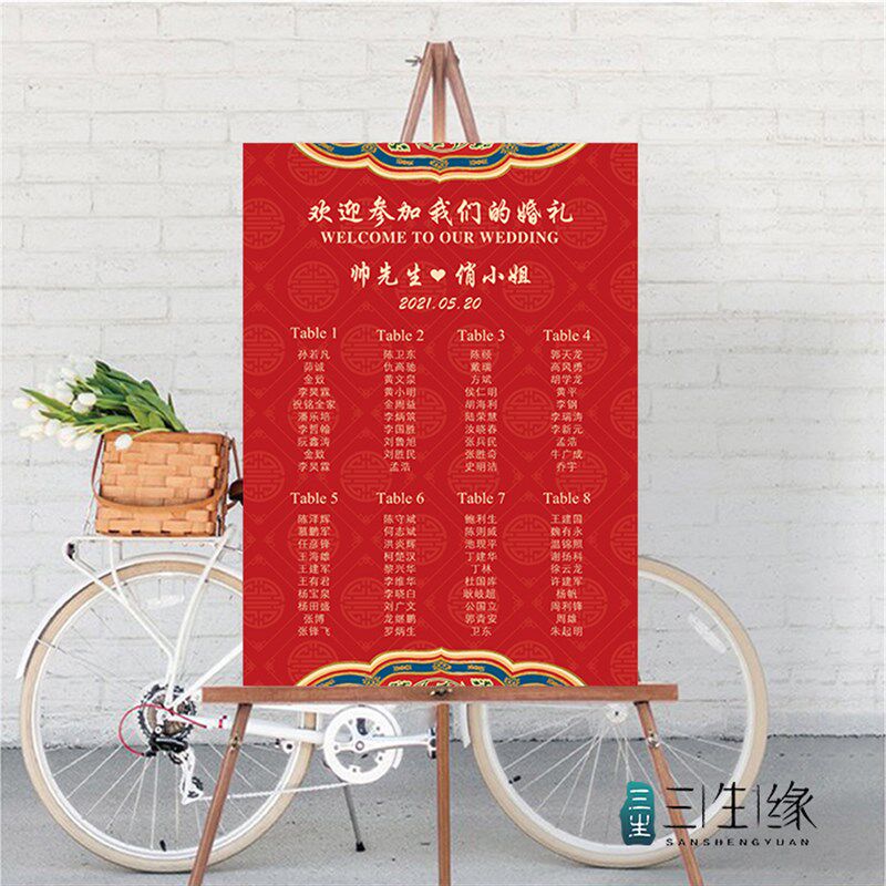 定制中式婚礼席位图订婚宴海报宴会宾客名单迎宾牌红色生日座位表