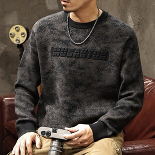 美式 字母钢印潮流圆领保暖打底毛线衣 扎染做旧提花毛衣男秋冬新款