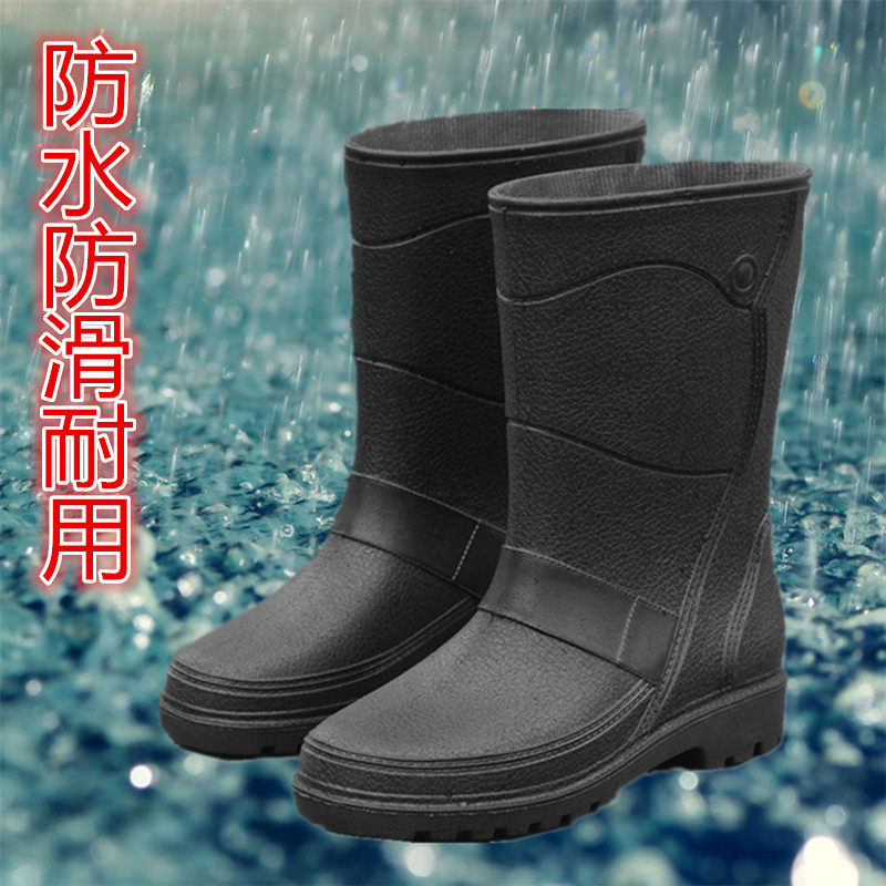 新款春夏时尚仿皮男式雨鞋中筒高筒防水防滑雨靴机车水鞋套鞋胶鞋