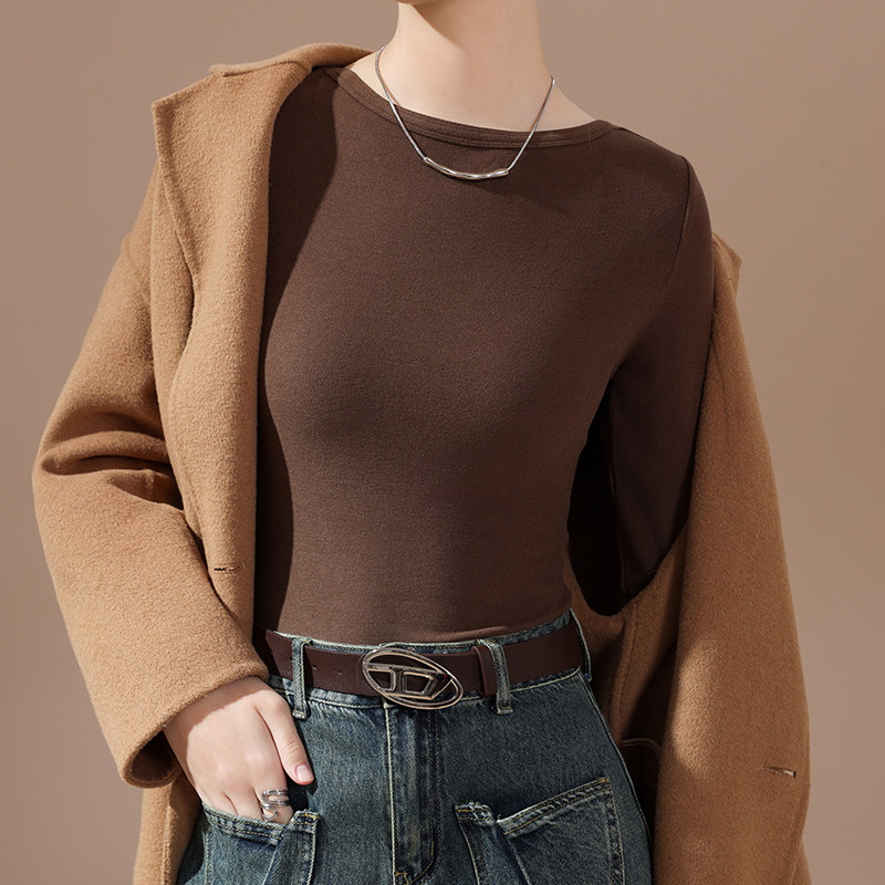 德绒打底衫女士加绒加厚长袖一字领T恤显瘦内搭2024年Y新款可外穿