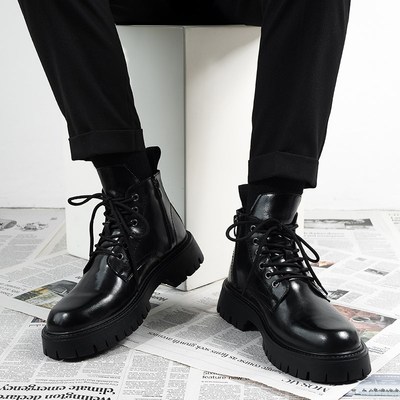 马丁靴男款英伦风中帮皮鞋厚底增高男生皮靴子侧拉链高帮透气男靴