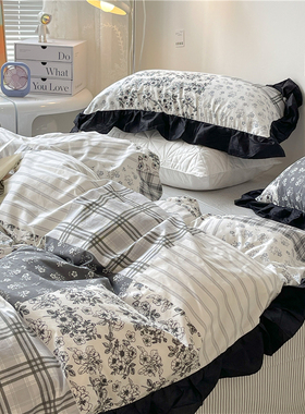 网红赫本风ins黑色花边s优雅田园小碎花床上四件套全棉纯棉被套1.