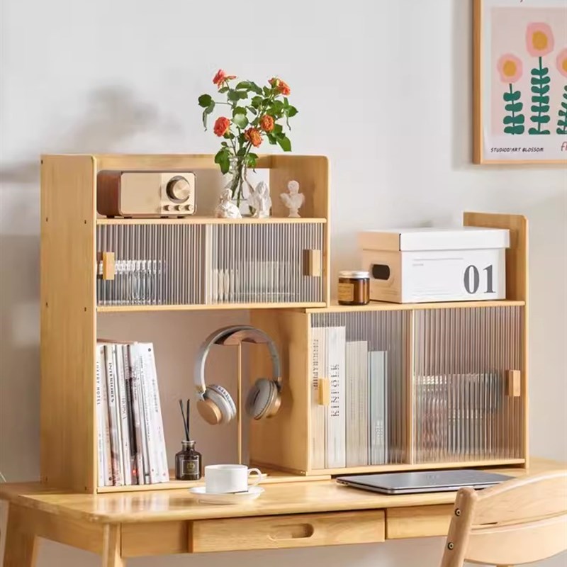 伸缩办公学习桌面书架置物架家用桌上整理收纳架简易带玻璃门书柜