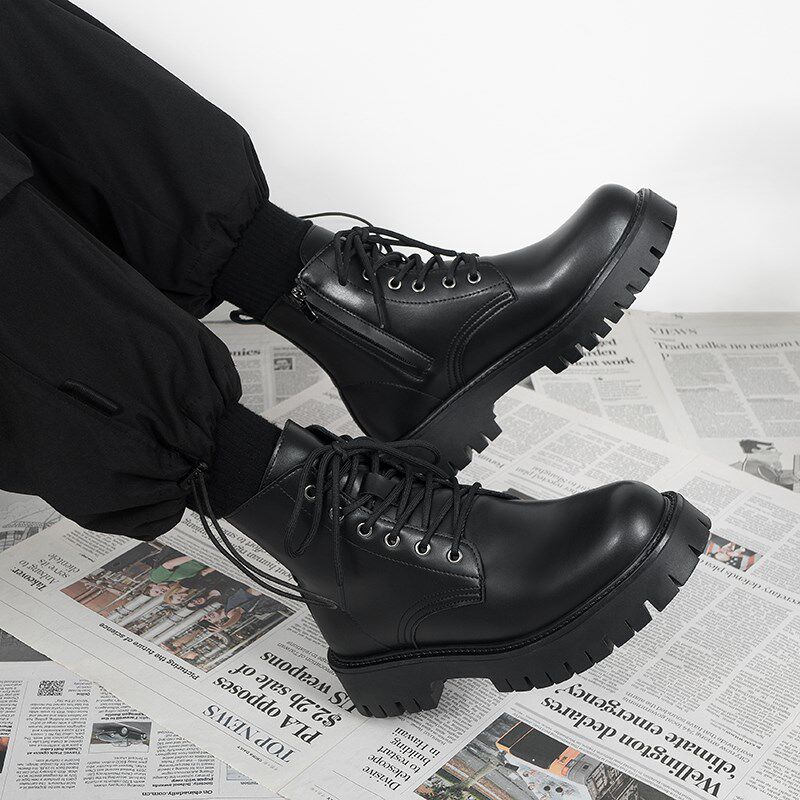 马丁靴男款2024新款秋冬季英伦风高帮皮鞋厚底增高加绒中帮皮靴子