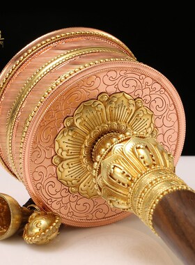 亚青手摇铜转轮西藏家用摆件藏族手持转转金筒底座转动轮转简经桶