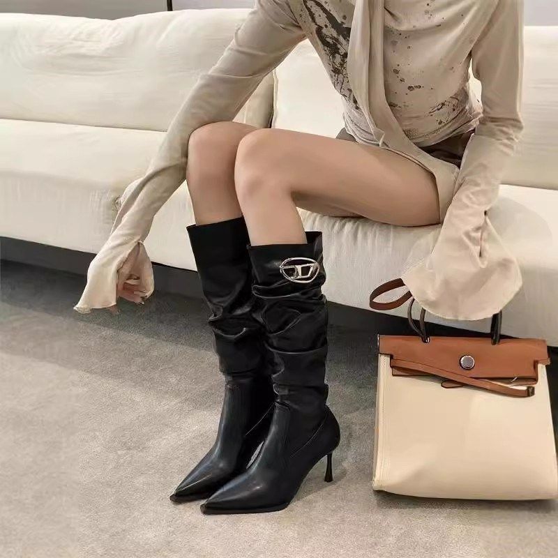 黑色百搭堆堆靴女2024年秋冬新款尖头细高跟长筒靴褶皱过膝长靴女,女鞋,骑士靴,淘宝优惠券,粉丝福利购,淘宝优惠卷