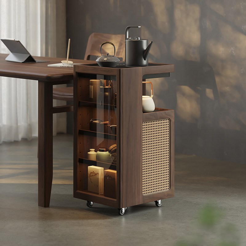 实木移动茶水柜下置水桶小型沙发边柜中古风黑胡桃木茶桌侧边窄柜