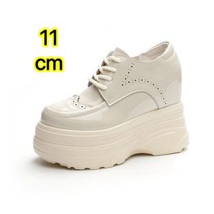 超高显瘦松糕鞋 漆皮厚底内增高女鞋 女超高跟单鞋 11cm米白色小皮鞋