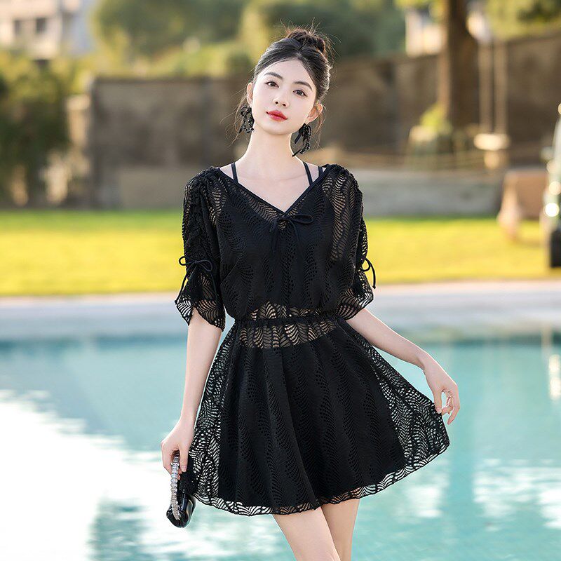 大码胖mm泳衣女裙式分体三件套蕾丝E罩衫保守显瘦遮肚泡温泉带胸