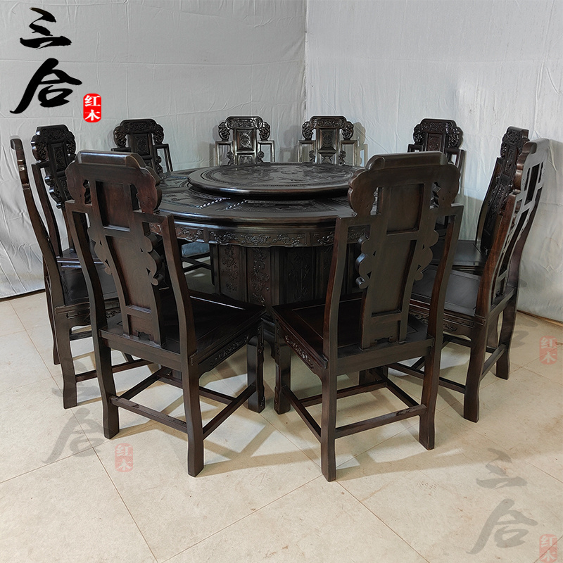 纯黑檀圆桌餐桌 中式仿古饭桌 原木榫卯家具 实木红木餐台圆台
