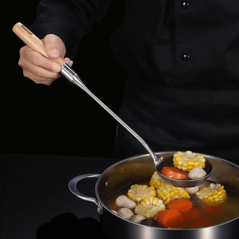304不锈钢厨师炒勺长把实木柄汤勺子加厚酒店家用炒菜锅铲大号