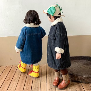 儿童棉服中长款加绒男童装女童牛仔棉衣加厚冬季2021新款宝宝外套