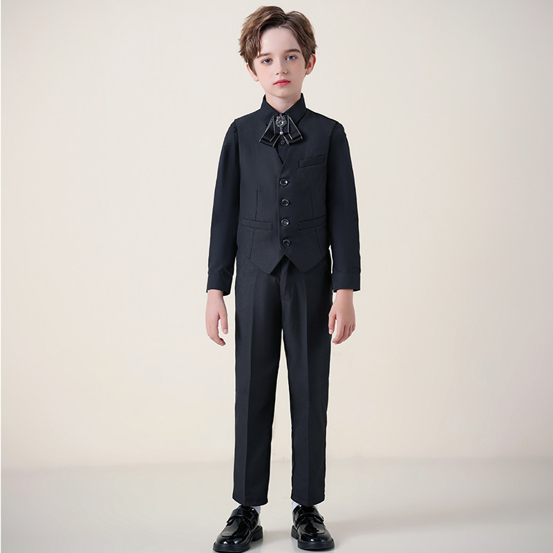 黑色男童礼服西装马甲套装三件套男孩主持人儿童钢琴幼儿园演出服