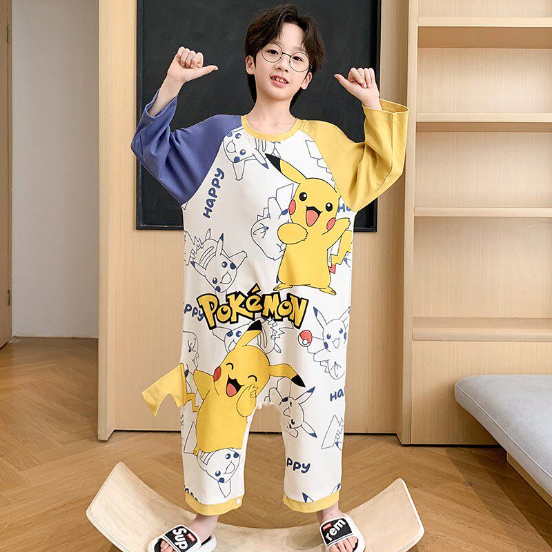 男童连体睡衣儿童连身家居服纯棉春秋男孩薄款卡通长袖防踢被睡袋