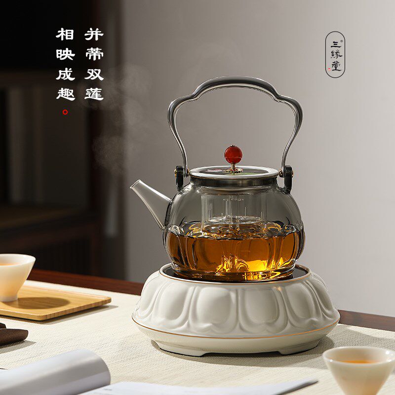 三缘堂电陶炉古风煮茶炉莲花陶瓷静音煮茶器煮水蒸煮一体玻璃茶壶