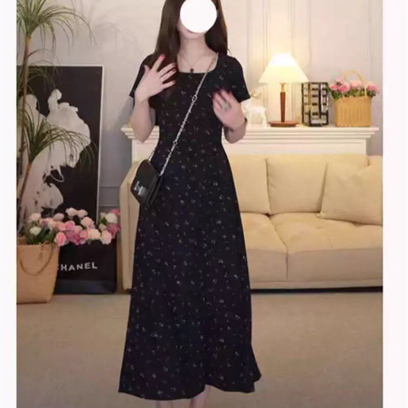 小矮个子黑色碎花连衣裙女150cm法式复古方领短袖收腰针织长裙xs