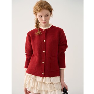 JIUJIU木耳边拼接假两件针织开衫女2025春季新款气质红色毛衣外套