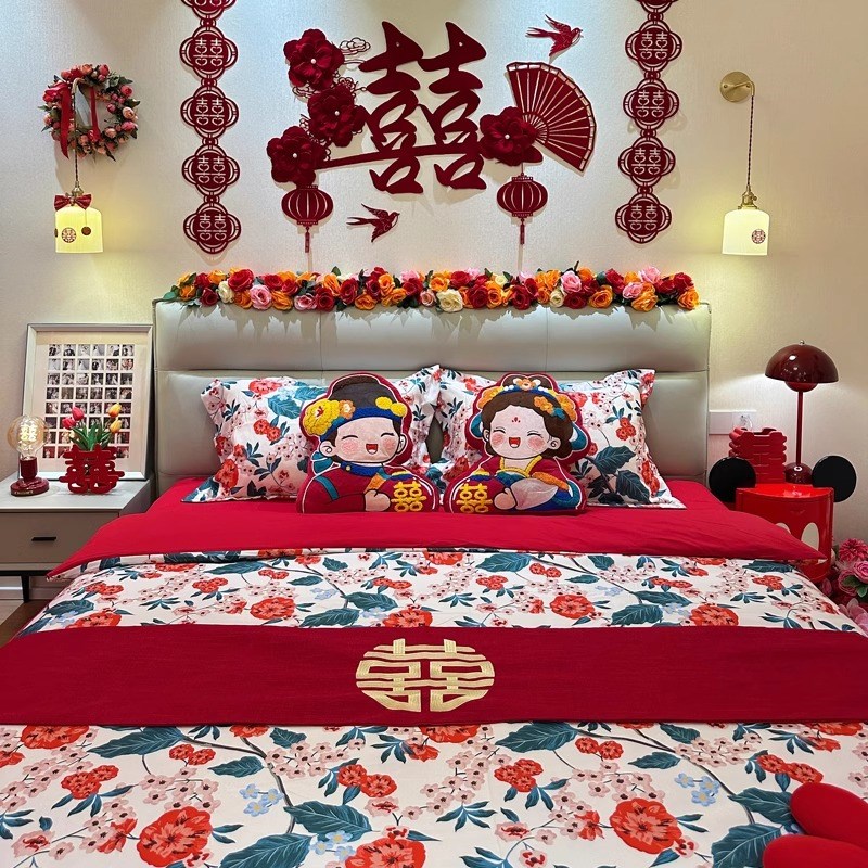 中式结婚四件套大红色新婚床单被套纯棉婚庆床上用品婚房陪嫁喜被