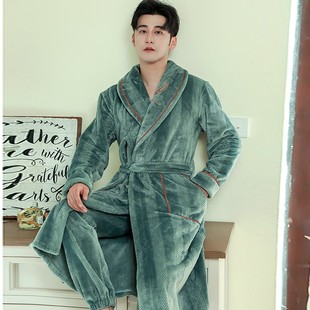 睡袍男珊瑚绒长款浴袍冬季加绒加厚男士法兰绒秋冬新款睡裤年睡衣