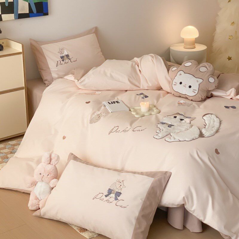 儿童卡通加厚可爱猫咪纯棉磨毛四件套全棉被套秋冬季少女床上用品