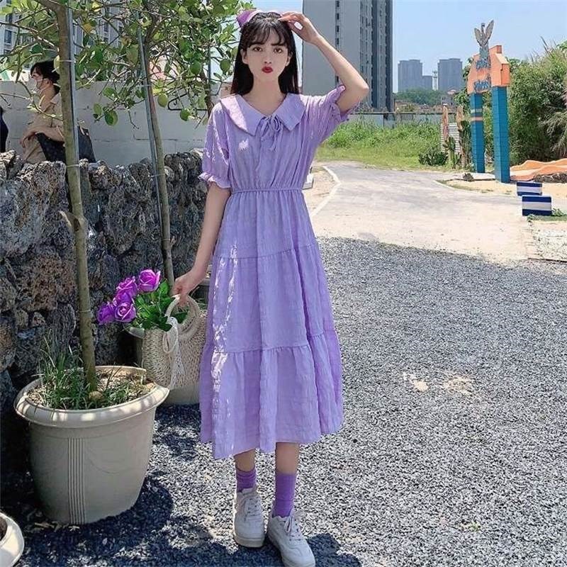 2025夏季新款紫色系带娃娃领收腰显瘦气质褶皱短袖中长款连衣裙女
