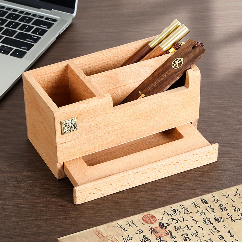 高档实木笔筒定制抽拉收纳盒桌面摆件中式办公室书桌整理神器刻字