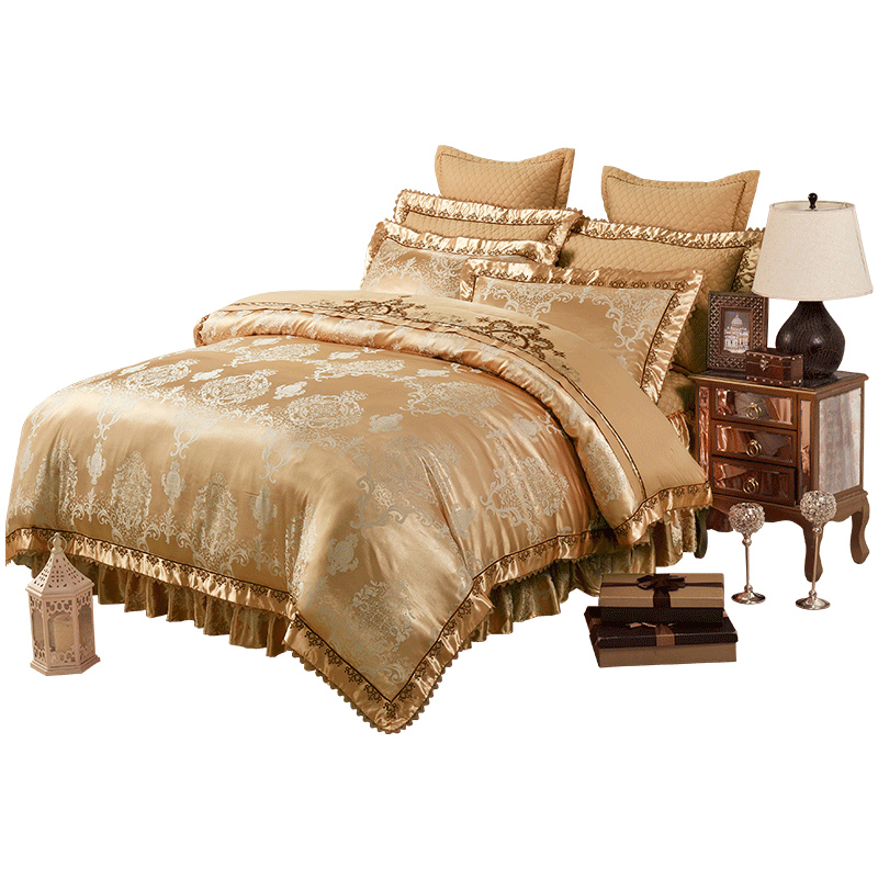 高档贡缎提花欧式绣花被套夹棉床罩式床裙四件套全棉纯棉结婚床品