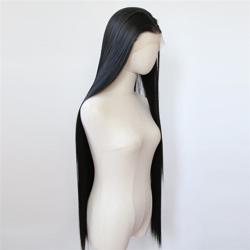 1米长自然黑色前蕾丝化纤大蕾丝高温丝假发COS超长直发整顶假发