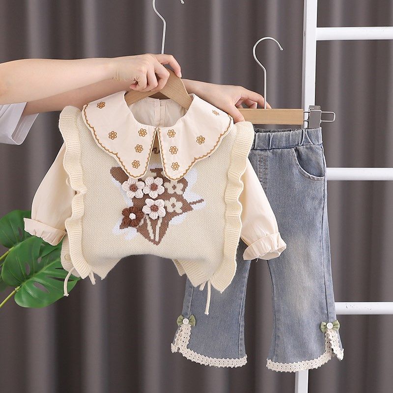 女童春秋套装2024新款婴儿童休闲女宝宝洋气春秋季毛衣马甲三件套