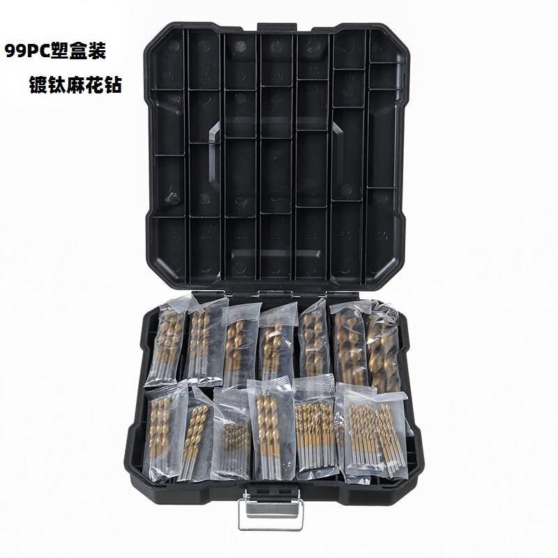 铁盒装99pc套装高速钢镀钛麻花钻头开孔器木工打眼铁皮铝合金钻头