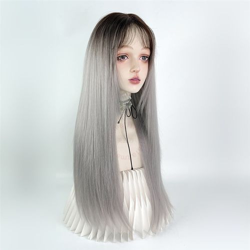 美立方假发银灰白色渐变中分挑染长直发手勾前额蕾丝全头套女y2k