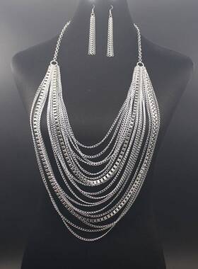 夸跨境欧美夸张金属链条长款流苏项链耳环套装女士多层铝链项链
