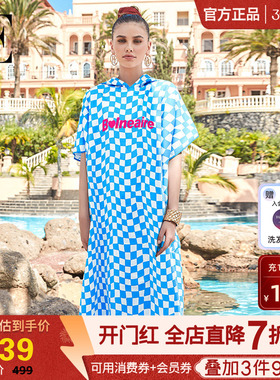 BE范德安速干巾斗篷复古几何风蓝色格纹中长款夏季女士浴巾游泳衣