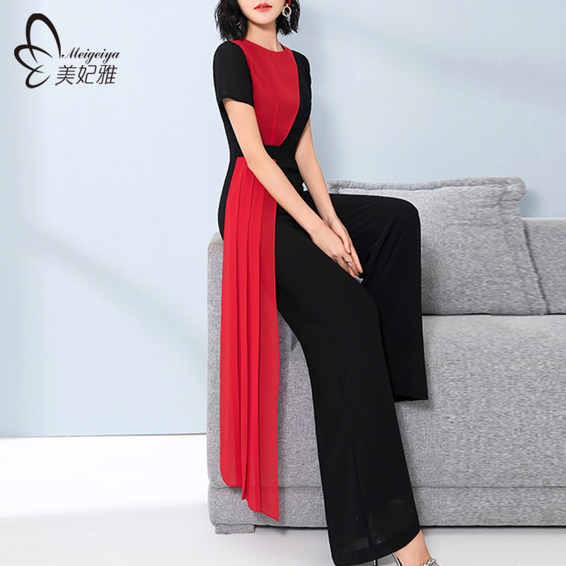 美妃雅时尚拼接连体裤女夏2024新款雪纺高腰阔腿裤套装气质连衣裤