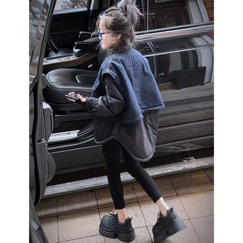 牛仔拼接假两件棉衣外套女童2024秋冬新款宽松大版显瘦中长款棉服