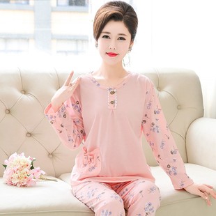 中年妈妈纯棉睡衣女春秋长袖全棉家居服秋季中老年妇女款套头套装