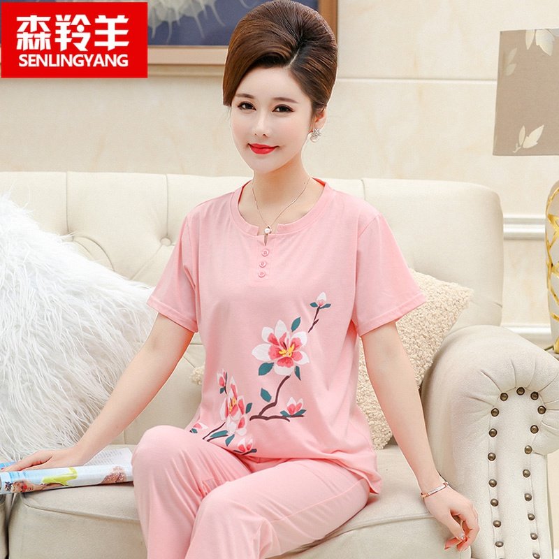 休闲睡衣女夏季短袖长裤薄款套装中老年人妈妈纯棉中年家居服套头,女士内衣/男士内衣/家居服,睡衣/家居服套装,淘宝优惠券,粉丝福利购,淘宝优惠卷