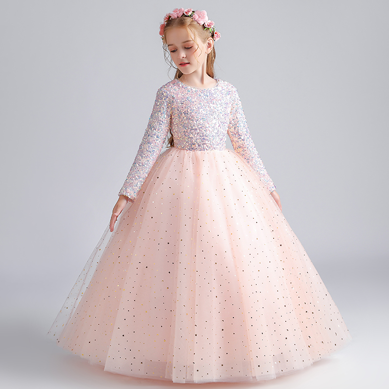 儿童礼服长袖秋冬女童公主裙生日小主持人钢琴演出服花童婚纱亮片