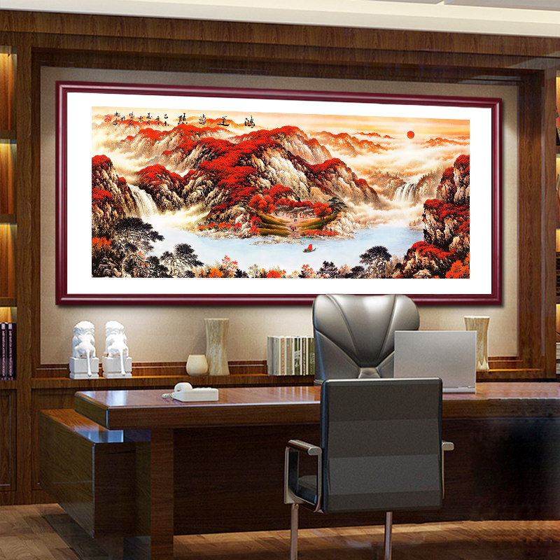 山水挂画客厅装饰壁画办公室招财国画鸿运当头聚宝盆牌匾带框装裱