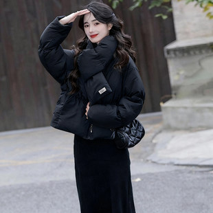 2025冬季新款韩版宽松加厚棉袄蓝色棉衣围巾外套短款羽绒面包服女