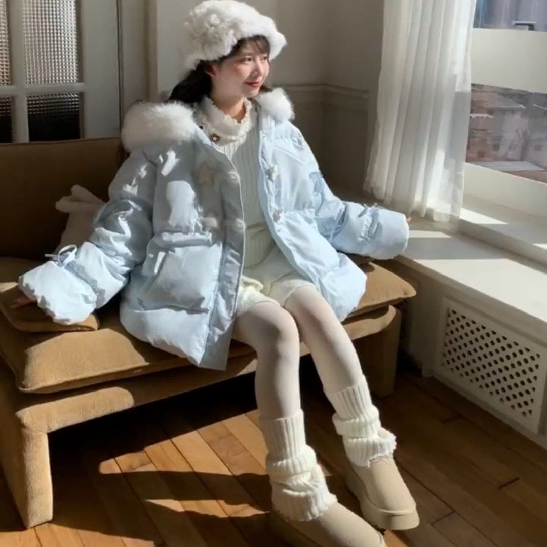 蓝色星星毛领连帽棉服外套女2025冬季新款加厚不臃肿宽松保暖棉袄