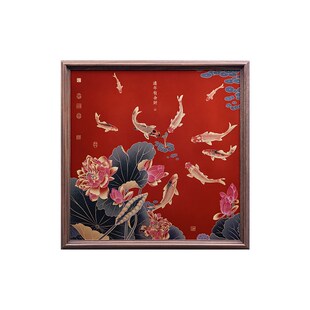 招财锦鲤新中式 饰画走廊过道高级感荷花九鱼图斗方挂画 入户玄关装