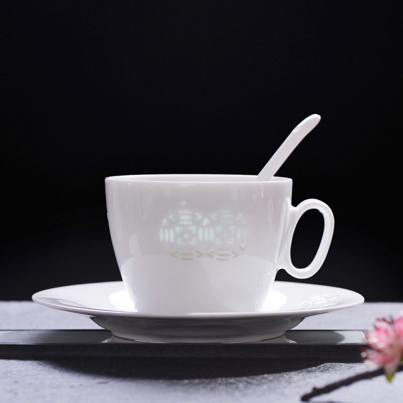 景德镇陶瓷茶杯早餐杯一勺一碟一杯勺牛奶杯马克杯玲珑瓷咖啡杯