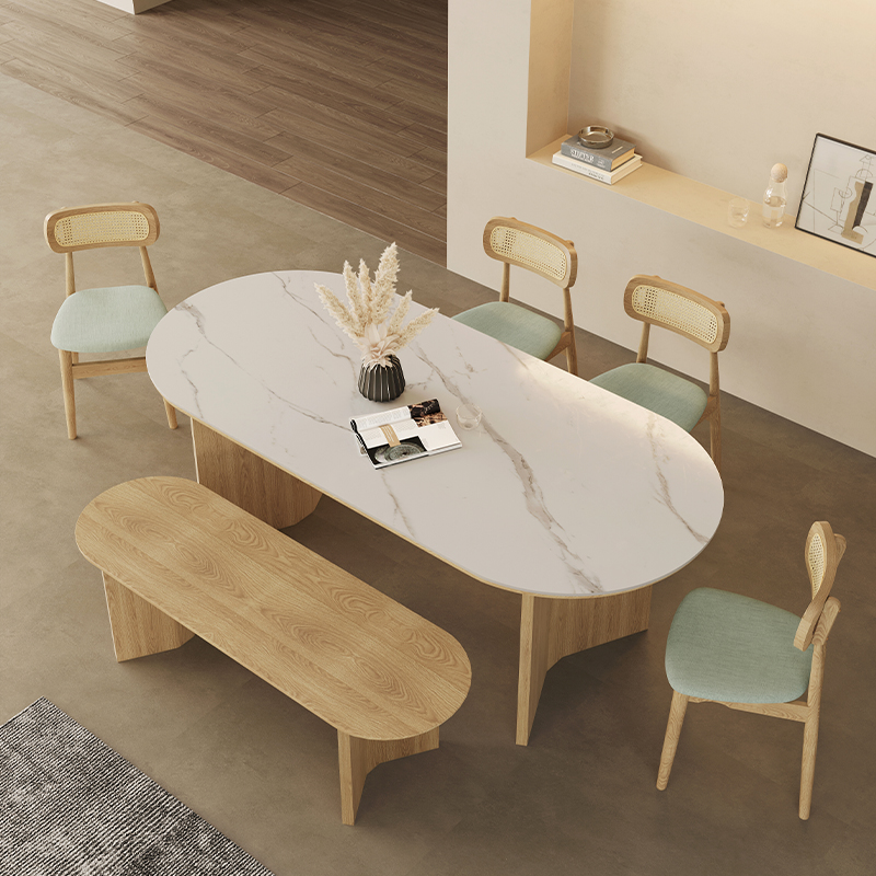 椭圆型岩板餐桌侘寂风客厅家用北欧风餐桌椅组合饭桌实木岩板餐桌