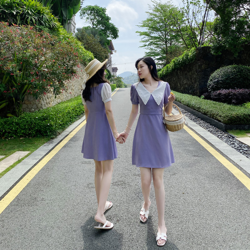 裙子女夏季仙女裙宫廷风复古法式桔梗雪纺收腰显瘦气质紫色连衣裙