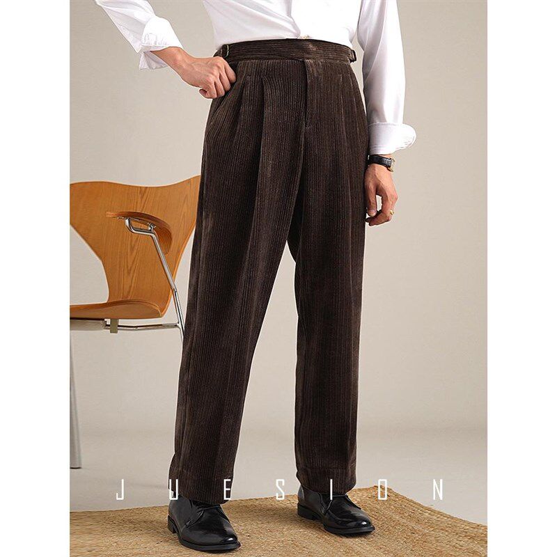 JUESION 意式廓尔格休闲西裤男高腰秋冬款复古灯芯绒双褶直筒长裤