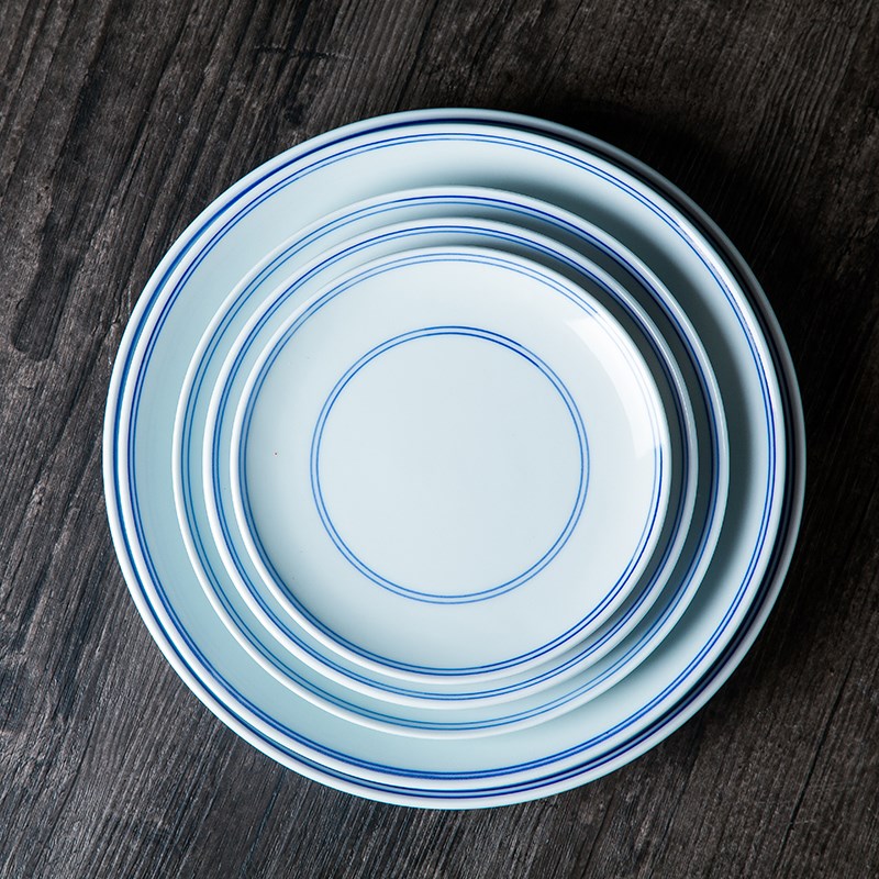 景德镇陶瓷双线蓝边平盘菜盘酒店盘子创意餐厅怀旧复古牛排加字盘