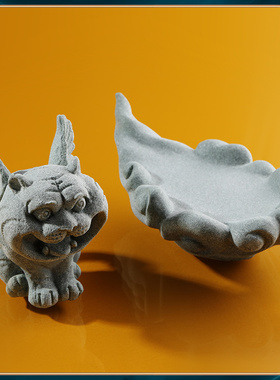 逗兽记中式实木金属四脚底座摆件国潮精品青砂石茶宠办公桌面置物