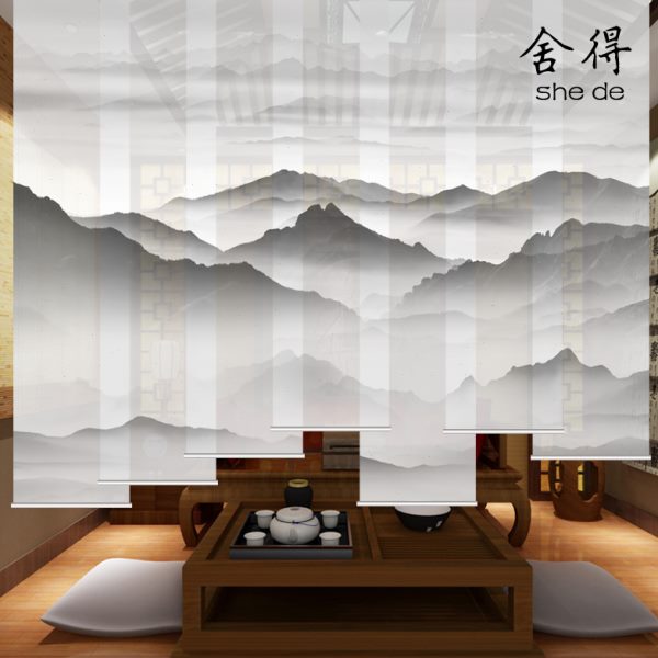 半透明双面透景屏风纱中式山水电动卷帘隔断帘挂帘水墨办公室窗帘