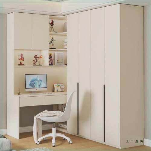卡柏珑实木欧松板衣柜带书桌组合转角奶油风家用卧室小户型定制